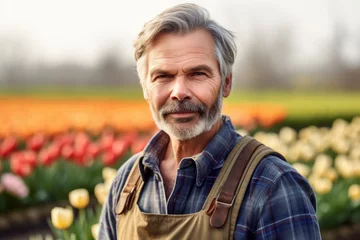 Keuken spatwand met foto Farmer standing in front of a tulip field  © SUNDAYS MEDIA