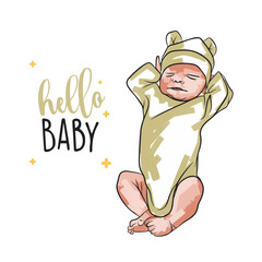 Newborn baby card, Hello baby, hand lettering, baby in doodle style, pastel