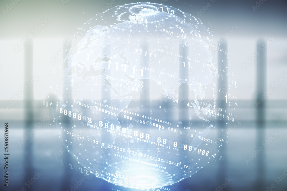 Poster multi exposure of abstract graphic coding sketch and world map on modern interior background, big da