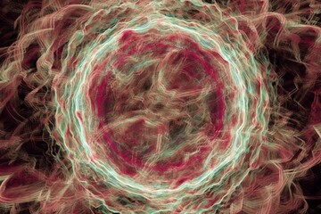 Orange green round pattern of crooked waves on a black background. Abstract fractal 3D rendering