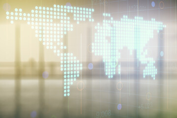 Abstract creative digital world map on modern interior background, globalization concept. Multiexposure