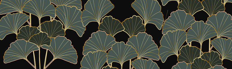 New Golden Ginkgo leaves background vector. Luxury Floral art deco. Gold natural pattern design.