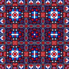 Folkart quilt whimsical pattern. Norwegian style European cloth. Patchwork red white blue trendy allover print. 