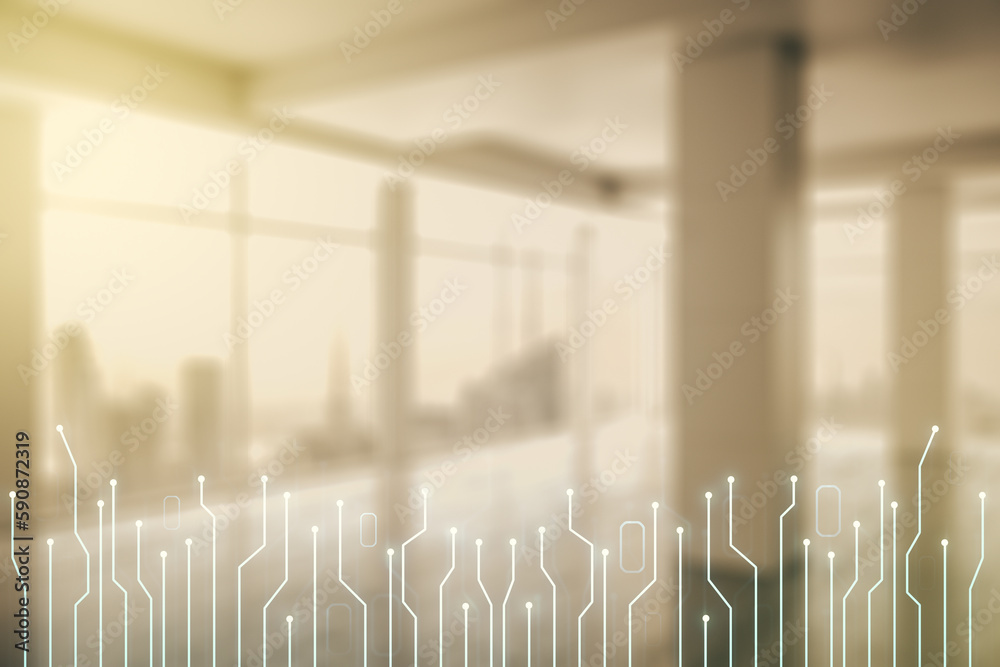 Aufkleber abstract virtual micro circuit sketch on empty room interior background, future technology and ai co