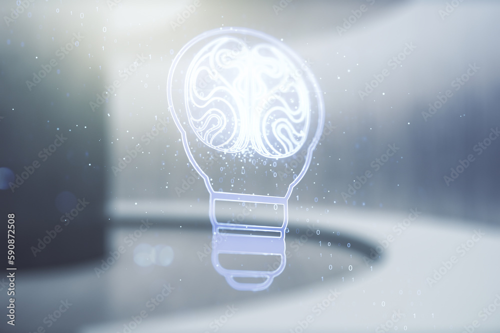 Poster Abstract virtual creative light bulb with human brain hologram on empty classroom background, artificial Intelligence and neural networks concept. Multiexposure