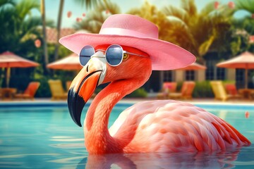 Funny fancy flamingo with sunglasses i a swimming pool.