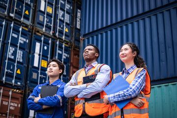 Engineer and foreman team standing with arms crossed at cargo containers.