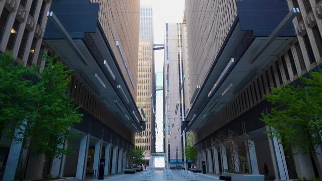 Atlanta GA USA March 24th 2023: looking up into the sky of the amazing architecture in the major city metropolis. the wide angle image of the city related to money, positivity, travel.