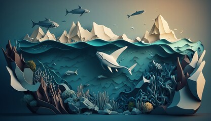 Abstract background with ocean landscape, wave and sky in paper art and craft design concept.  Created using generative AI.