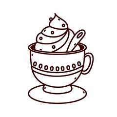 Cute mug icon with cream, hot cocoa, in a cute mug, doodle icon for design, on white background