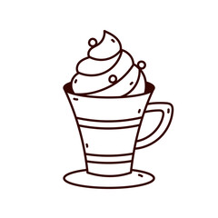 Cute mug icon with cream, hot cocoa, in a cute mug, doodle icon for design, on white background