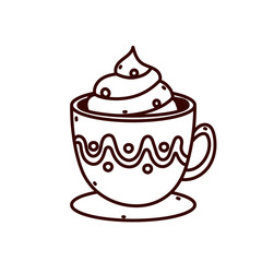 Cute mug icon with cream, hot cocoa, in a cute mug, doodle icon for design, on white background