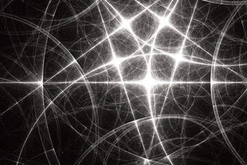 White glowing pattern of waves and rays on a black background. Abstract fractal 3D rendering