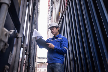Asian male foreman control or check inventory details of containers box, worker checking quantity of product in containers.