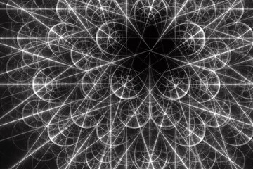 White pattern of curved waves and lines on a black background. Abstract fractal 3D rendering