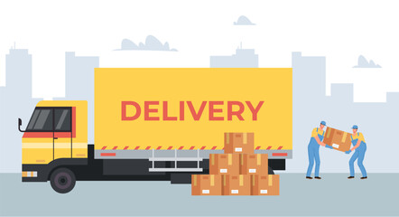 Logistic delivery truck cargo courier carry parcel package concept. Vector graphic design illustration