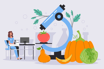Genetic food vegetable fruit research engineering laboratory science gmo test concept. Vector graphic design illustration