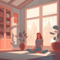 woman relaxing in an interior room, in the style of ethereal illustrations, calm and meditative, solarizing master, animated gifs, vancouver school, serene and peaceful ambiance, terracotta
