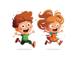 Happy cute kids boy and girl jump cartoon on a white. Vector illustration desing.