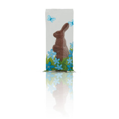 Bunny rabbit shaped chocolates in plastic bag with cut out isolated on background transparent