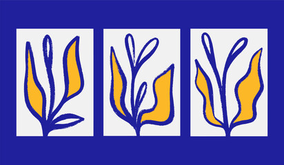 Abstract Naive Floral Handdrawn Botanical Posters Set. Modern Botanical Prints with Flowers in Contemporary Minimal Style. Design for fabric, print, cover, banner, decoration, wallpaper.