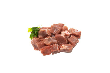 Pile of raw pork meat isolated on white background. Very used for stews.