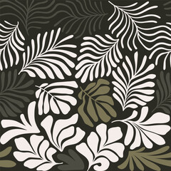 Obraz premium Multicolor abstract background with tropical palm leaves in Matisse style. Vector seamless pattern with Scandinavian cut out elements.