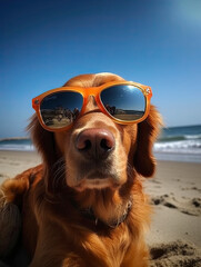 Summer vacation on the beach with dog wearing sunglasses and an island shirt created with Generative AI technology