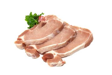 Three raw tenderloin chops, isolated on a white background.