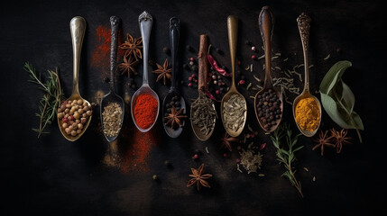 Spices background, lots of spices laid on spoons
