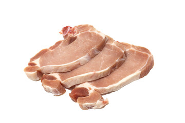 Three raw tenderloin chops, isolated on a white background.