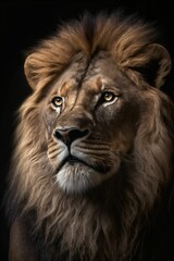 Lion, portrait sur fond noir, roi de la jungle façon portrait animalier, illustration ia générative