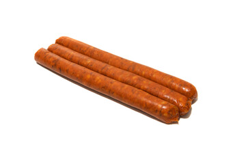Three chistorra (from the Basque txistor, sausage; in Aragonese it is known as choriceta) is a type of sausage of Navarre origin made with fresh minced pork. Isolated on a white background.