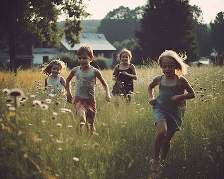 Summertime with kids running through a field of flowers towards viewer created with Generative AI technology