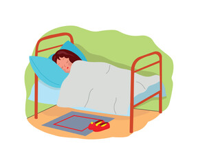 Nice child dreaming in the bedroom at night. Cute girl sleeping on the pillow under a cozy blanket. Flat vector illustration