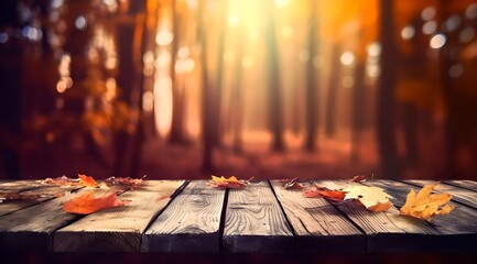 Naklejka na ściany i meble Autumn wooden table - orange leaves and wooden plank at sunny forest, golden hour, generative ai