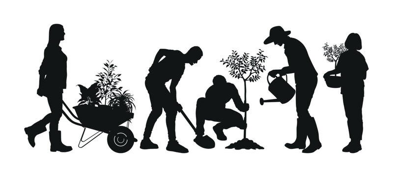 People planting trees outdoor silhouette set. Digging ground, watering plant, pushing wheelbarrow, gardening activities silhouettes images set.
