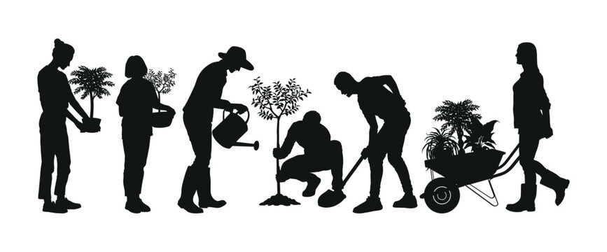 Silhouette of people planting outdoor nature. Digging hole, watering plant, pushing wheelbarrow, gardening activities silhouettes images set.