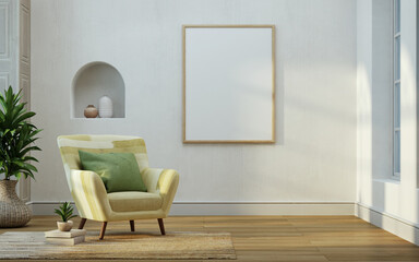 Blank picture frame mockup interior with armchair.3d rendering