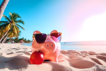 Summer piggy bank wearing sunglasses on the beach, generative ai