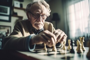 Elder man home chess. Generate Ai