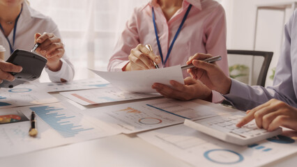 Close up brainstorming of asian businesswoman, bookkeeping, industrial sector of government...