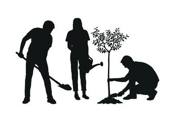 People planting a tree nature outdoor vector silhouette.