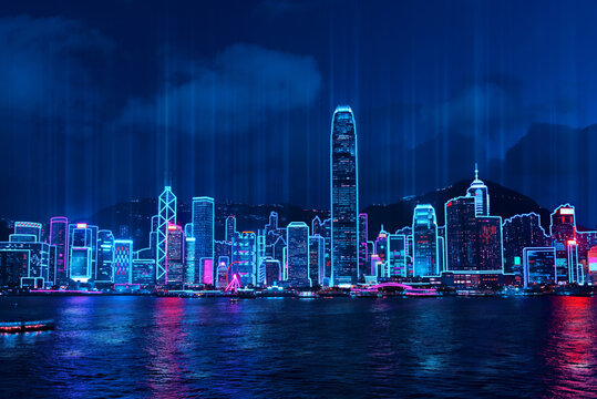 Cityscape of Hong Kong city skyline at night over Victoria Harbor with reflecting in harbour, Cyberpunk color style.