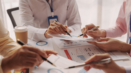 Close up brainstorming of asian businesswoman, bookkeeping, industrial sector of government...