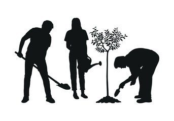 Family gardening planting a tree silhouette.
