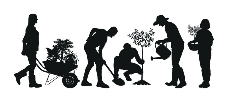 Silhouette of people planting outdoor nature. Digging ground, watering plant, pushing wheelbarrow, carrying pots, gardening activities silhouettes images set.