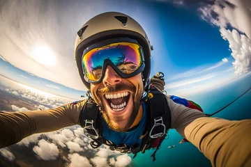 Tuinposter Skydiver man happy smiling in free fall makes selfie, flying over the earth sea with clouds. Generative AI © aapsky