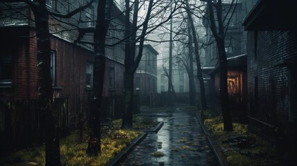 illustration d'une rue abandonnée, sous la pluie par temps gris, ruelle effrayante. illustration ia générative