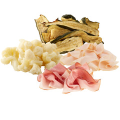 Cooked Bologna ham slices,with cut out isolated on background transparent..